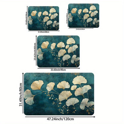 This retro-style Ginkgo Leaf pattern floor mat is 8mm thick and made from soft, high-quality material. It is suitable for use in the kitchen, living room, or bedroom. This durable mat is machine washable and can be used as an entrance door mat or