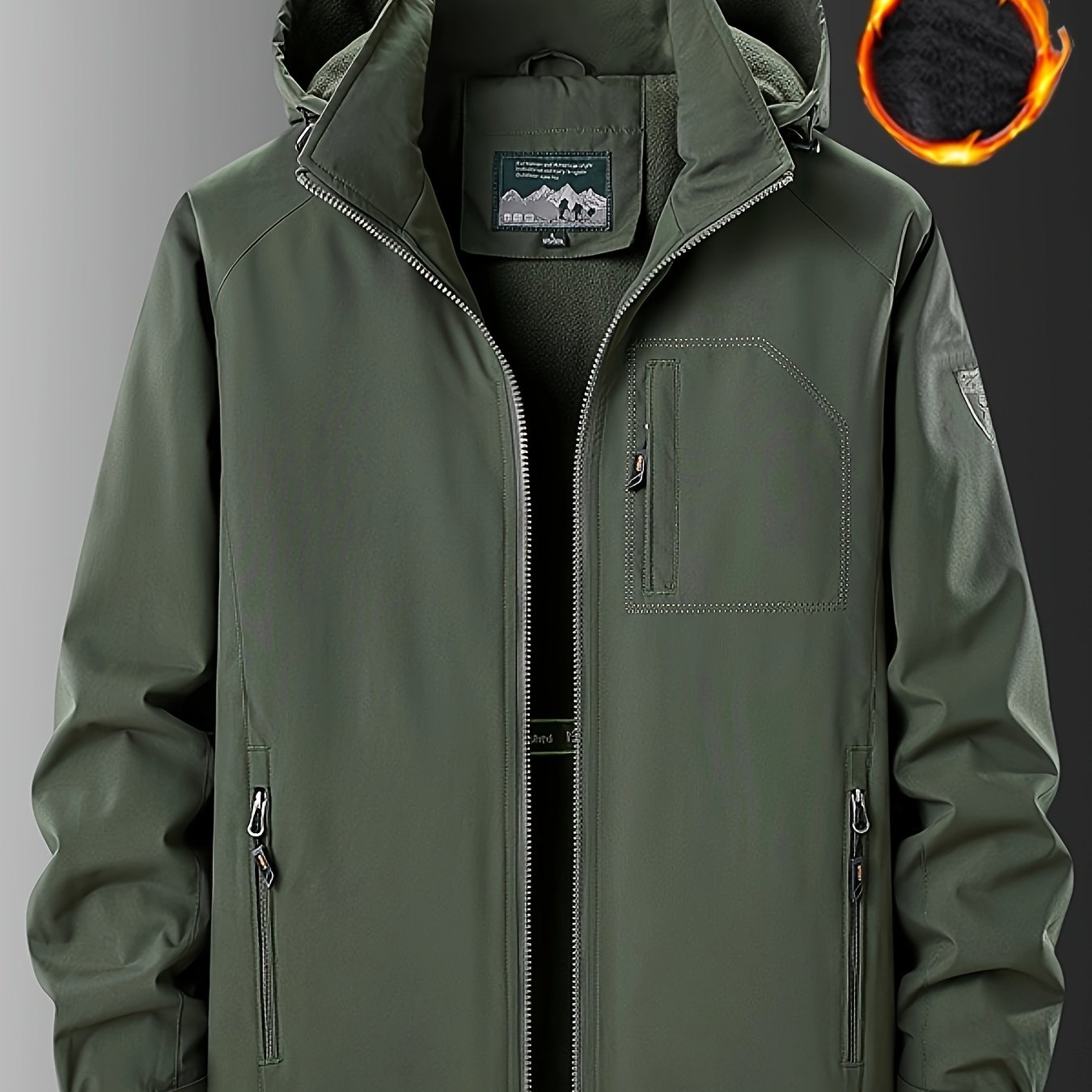 Men's winter jacket made of 100% polyester. Features waterproof and windproof qualities, detachable hood, multi-pocket design with zippered pockets, warm fleece lining, and solid color.