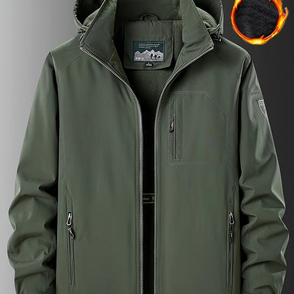 Men's winter jacket made of 100% polyester. Features waterproof and windproof qualities, detachable hood, multi-pocket design with zippered pockets, warm fleece lining, and solid color.