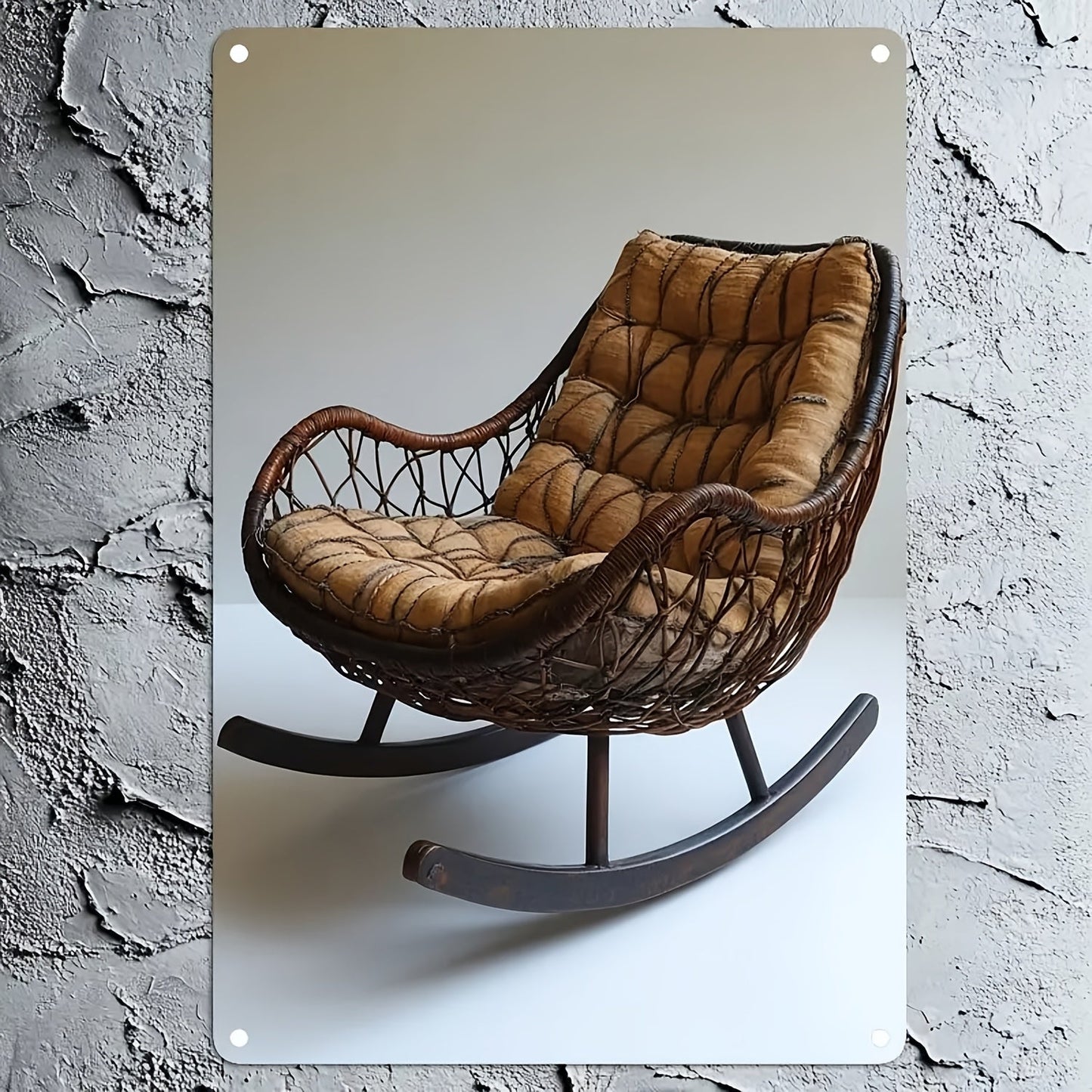 Stylish Metal and Rattan Rocking Chair Wall Decor - Timeless Vertical Square Artwork with Luxurious Upholstery and Wooden Legs for Home or Office, Simple to Hang