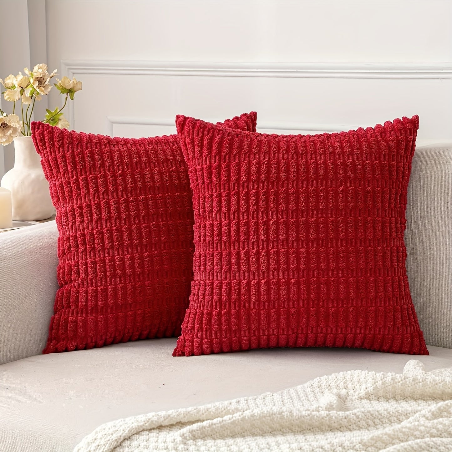 Reversible corduroy throw pillow cover with soft boho striped design, machine washable, zipper closure. Woven polyester, ideal for contemporary farmhouse home decor in sofa and living room. Size: 45.72x45.72 cm.