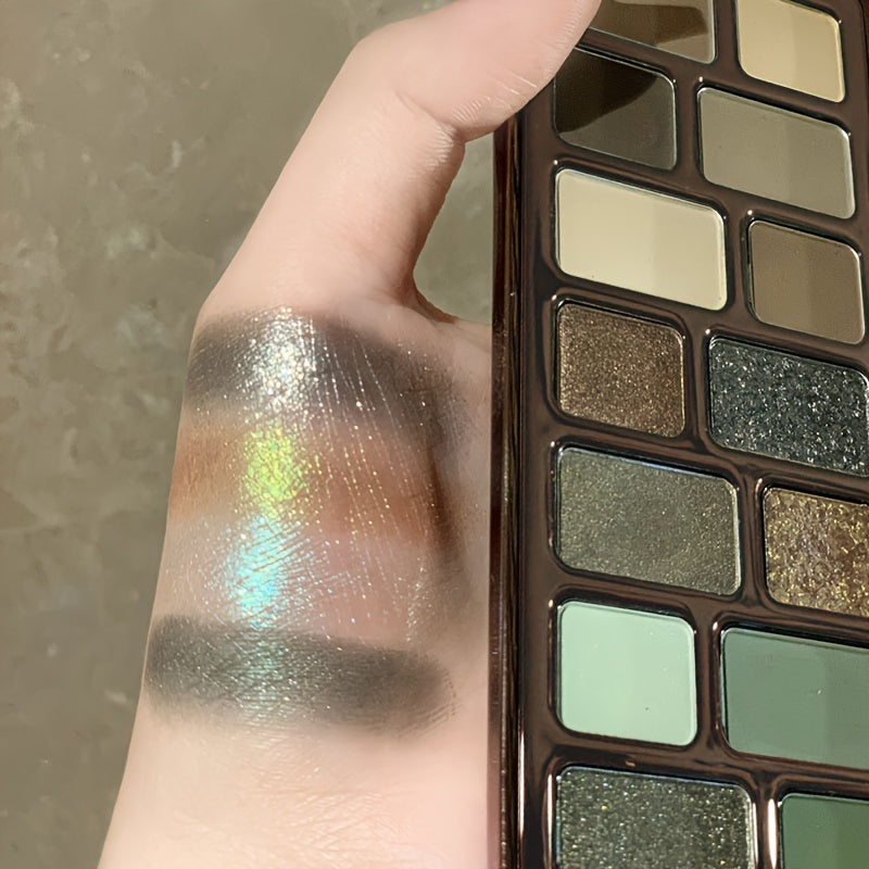 16-color Eyeshadow Palette with Matte, Shimmer & Glitter Finishes - Grey, Green, Earth Tones for Smoky Retro Looks, Highlighter & Blush Multi-Use Makeup Palette, Compact Design for