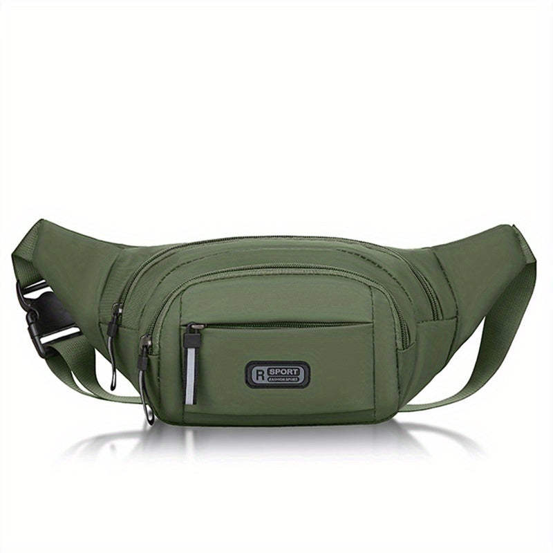 Men's sports waist pack in black. Large capacity, water-resistant, fashionable and durable. Features a phone pouch, adjustable shoulder strap, and wristlet. Hand washable and