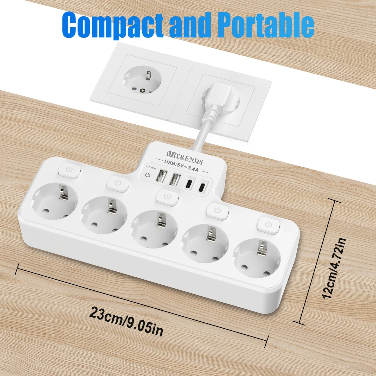 9in1 Power Strip with 5 AC Outlets, 4 USB Ports (2 TYPE-C), Independent Switch, Wall Mount for Home and Office.