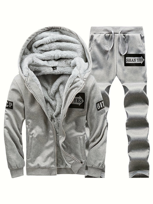 Men's winter sportswear set includes a fleece-lined hooded jacket and joggers with pockets.