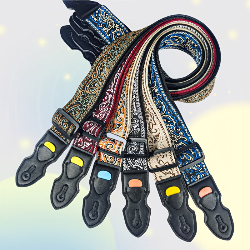 Wide thick embroidered guitar strap suitable for acoustic and electric bass guitars, featuring trendy street style in mixed colors and fabric material.