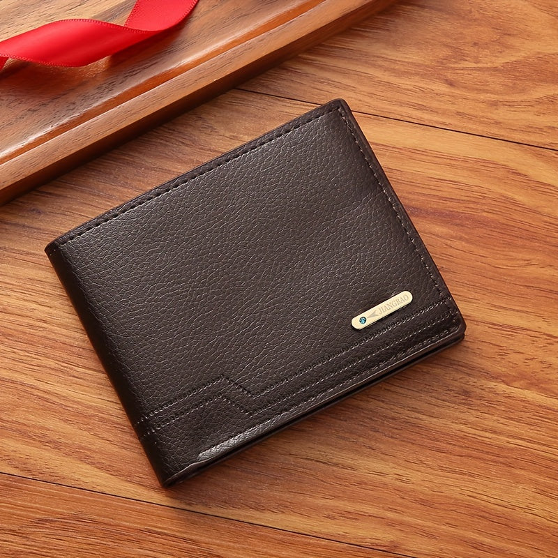 Men's faux leather wallet features a solid color with color block detail, non-braided weave, and a compact short bifold design for easy carry.