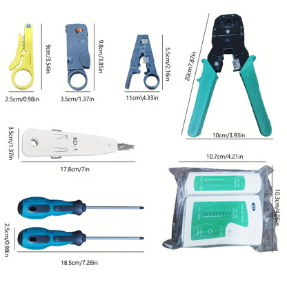 Professional LAN network repair kit includes RJ45 tester, crimping pliers, cable tracer, and clamp set. Portable, no batteries needed.