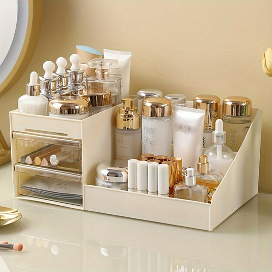 Clear acrylic makeup organizer with drawers for skincare, brushes, and accessories. Ideal for bathroom organization.