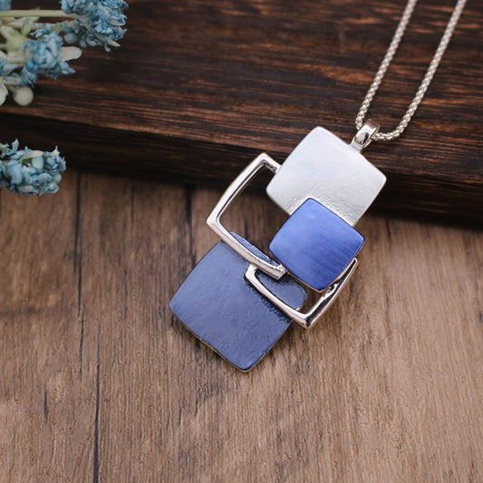 Stylish Boho-Chic Square Pendant Necklace with Silver Plating - Ideal for Weddings & Events, Versatile for Any Season.