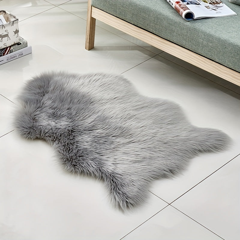 Elegant High Pile Faux Fur Area Rug made of 80% Acrylic and 20% Polyester. This rug is machine washable, stain resistant, and features a knit weave with suede backing. It comes in a solid color and an irregular shape, perfect for adding a touch of luxury