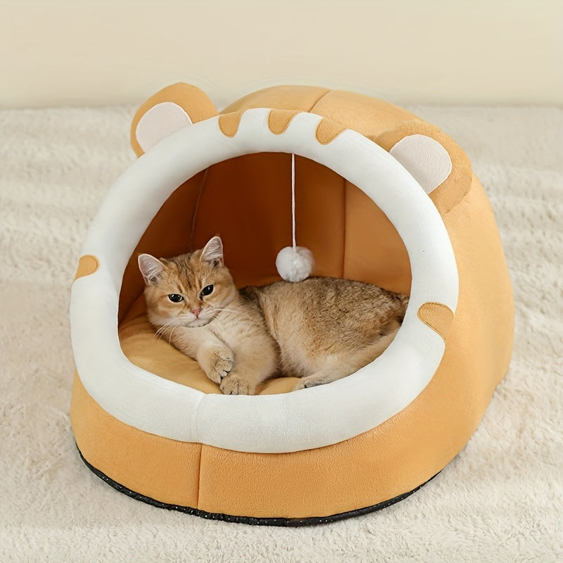 Classic style polyester fiber cat bed with soft cushion and all-season pet basket for small to large cats. Pre-assembled cat nest.