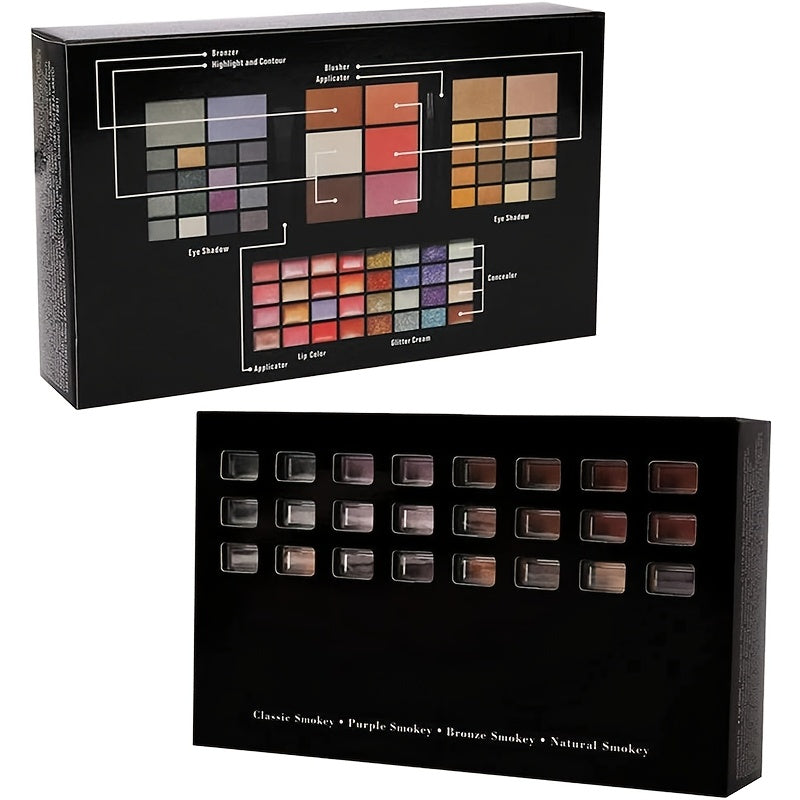 74-color makeup palette includes matte and pearl eye shadows, lip gloss, golden concealer, blush, bronze highlight.