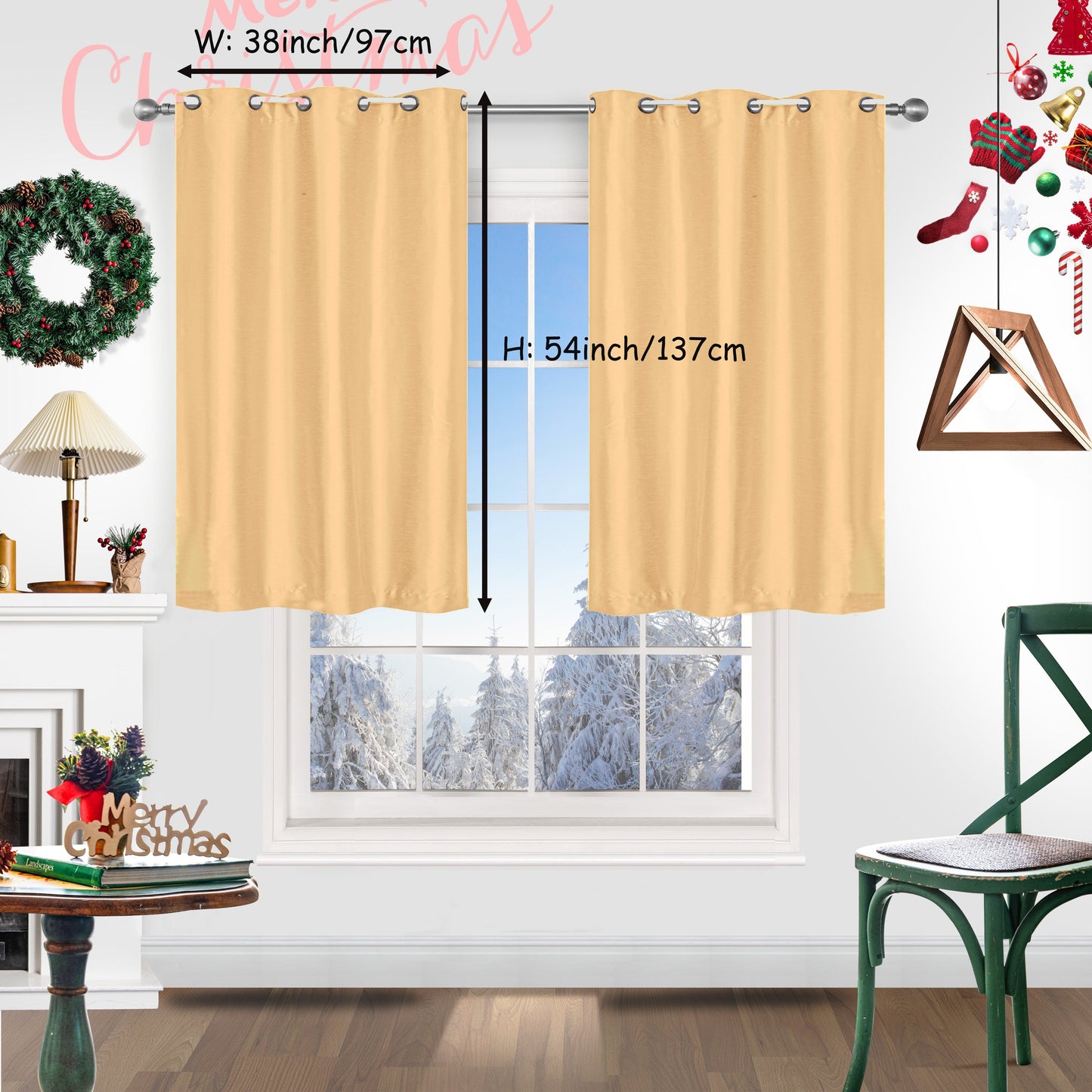 Add a festive touch to your space with 2 pieces of red Christmas curtains. These curtains are made of faux silk with a grommet top design, providing both style and functionality. Perfect for living rooms, bedrooms, offices, kitchens, and studies, these