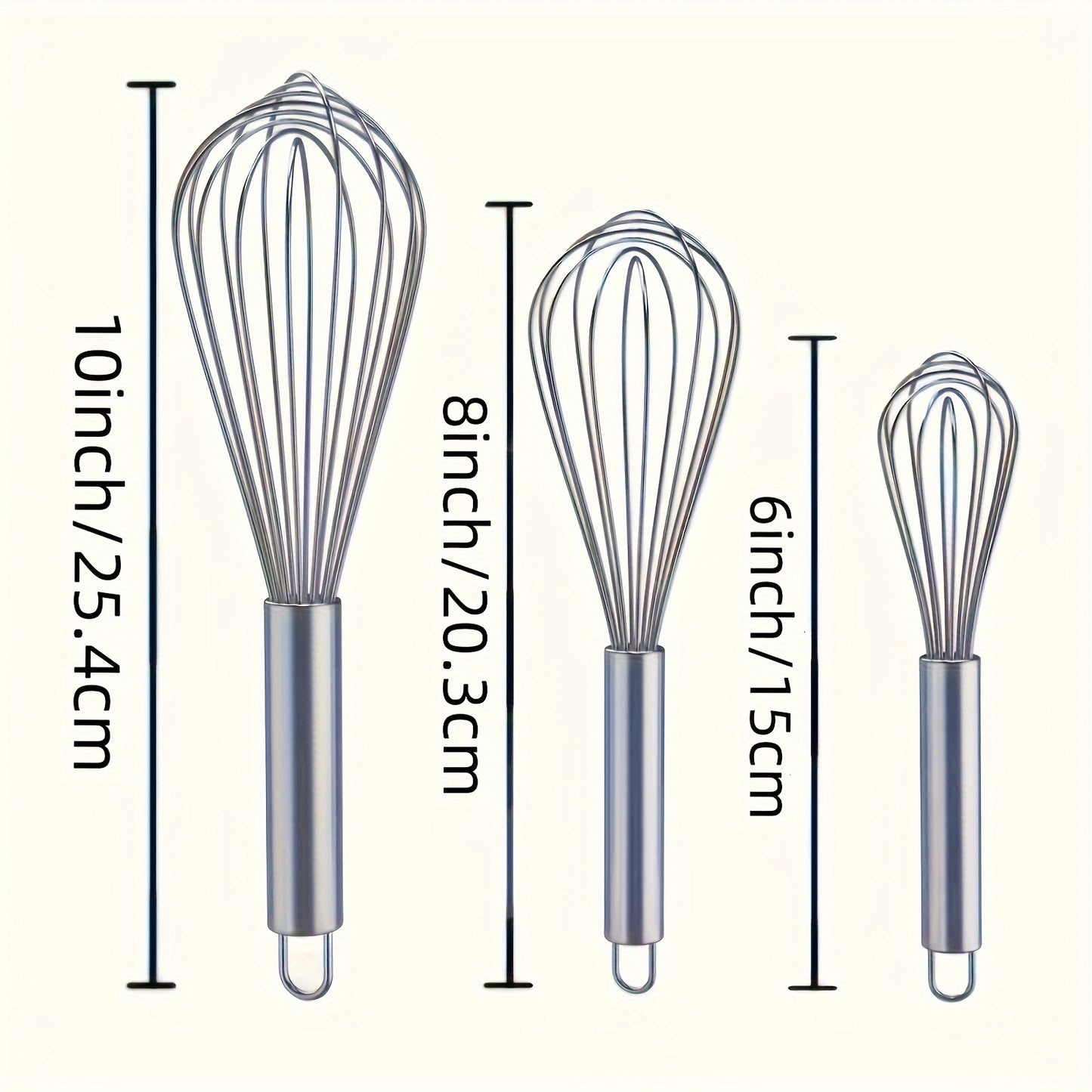 Durable stainless steel whisk set of 3 for manual whisking, beating, and stirring. Food-grade and easy to clean with ergonomic design. No batteries required.