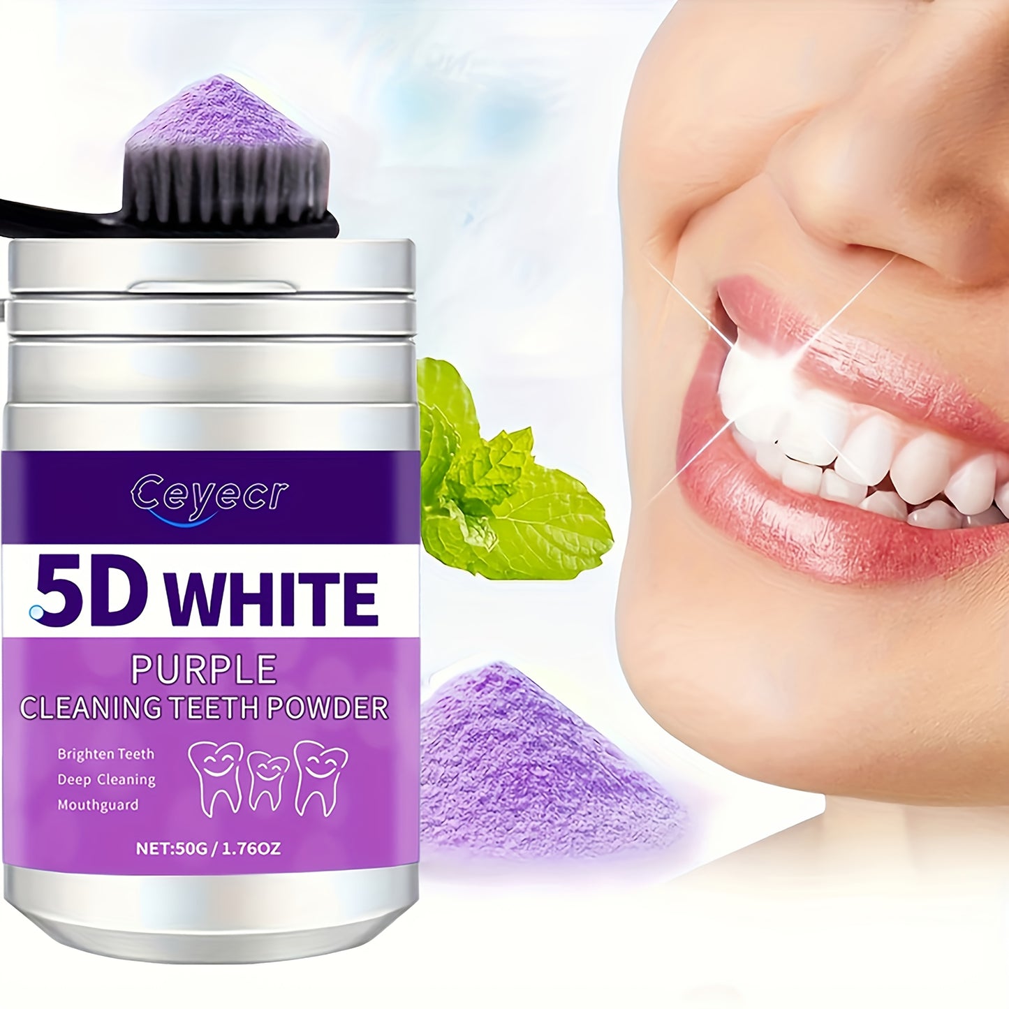 1pc CEYECR 5D White Purple Teeth Whitening Powder - Natural Pearl Formula, 50g - Ideal for Daily Use & Travel, Men & Women, Fresh Breath & Deep Cleaning.