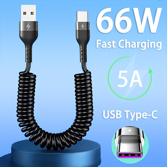 USB to Type C fast charging cable for various mobile phone models with a telescopic cord.