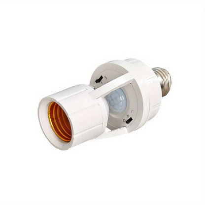 Motion Sensor PIR Lamp Holder with high sensitivity, 360° detection, white PC material, E27 screw socket, adjustable delay and light control. Ideal for industrial electrical use, easy