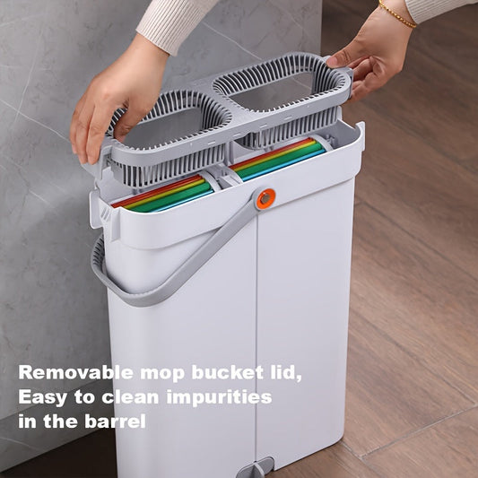 Joybos Flat Floor Mop Bucket Set includes a hands-free wash feature, narrow slit design, 2 mop pads, and is suitable for cleaning a variety of surfaces including home, car, glass, walls, and floors.