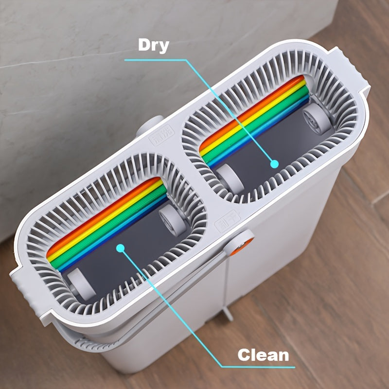 Joybos Flat Floor Mop Bucket Set includes a hands-free wash feature, narrow slit design, 2 mop pads, and is suitable for cleaning a variety of surfaces including home, car, glass, walls, and floors.