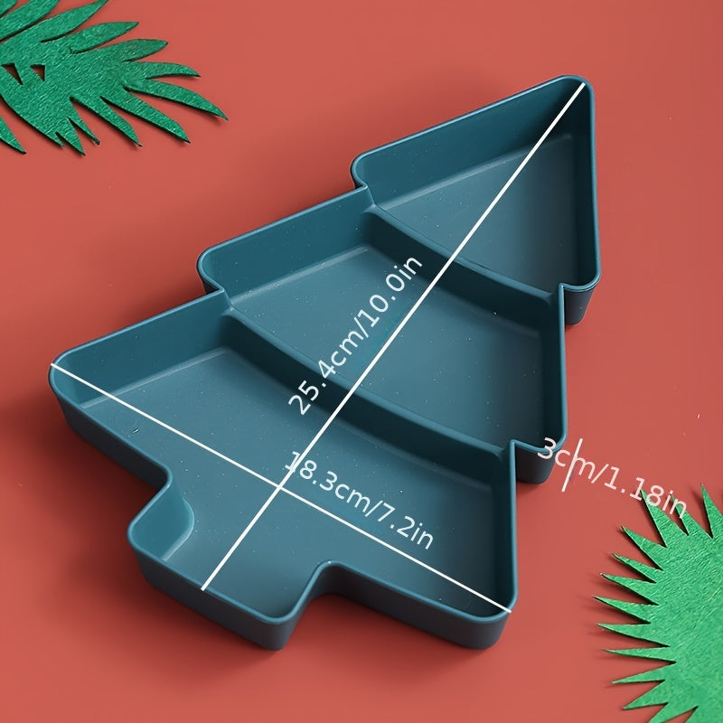 Durable plastic Christmas tree-shaped tray with multiple compartments for snacks and fruit, perfect for holiday entertaining.