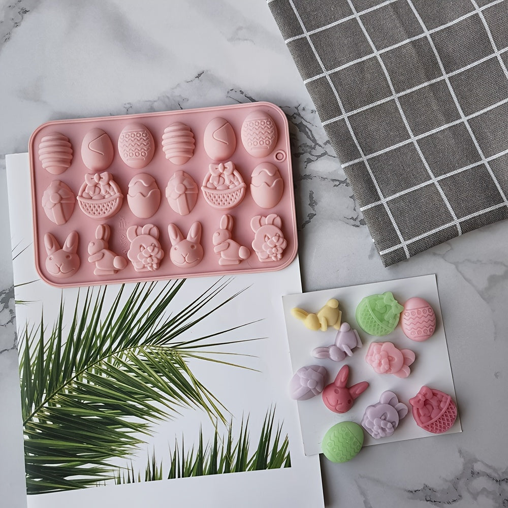 Silicone Easter egg and rabbit candy chocolate mold with 18 cavities, perfect for handmade homemade cakes. A kitchen accessory tool for creating festive treats.