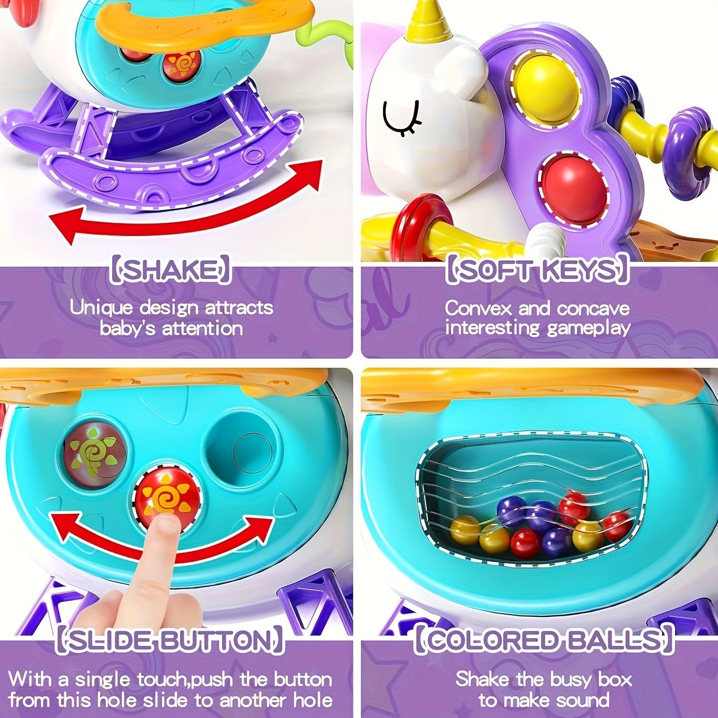 Unicorn-themed sensory toys designed for toddlers, featuring silicone pull-string activities for educational play and teething relief. Perfect birthday gifts for boys and girls ages 6, 9, 12, and 18 months.