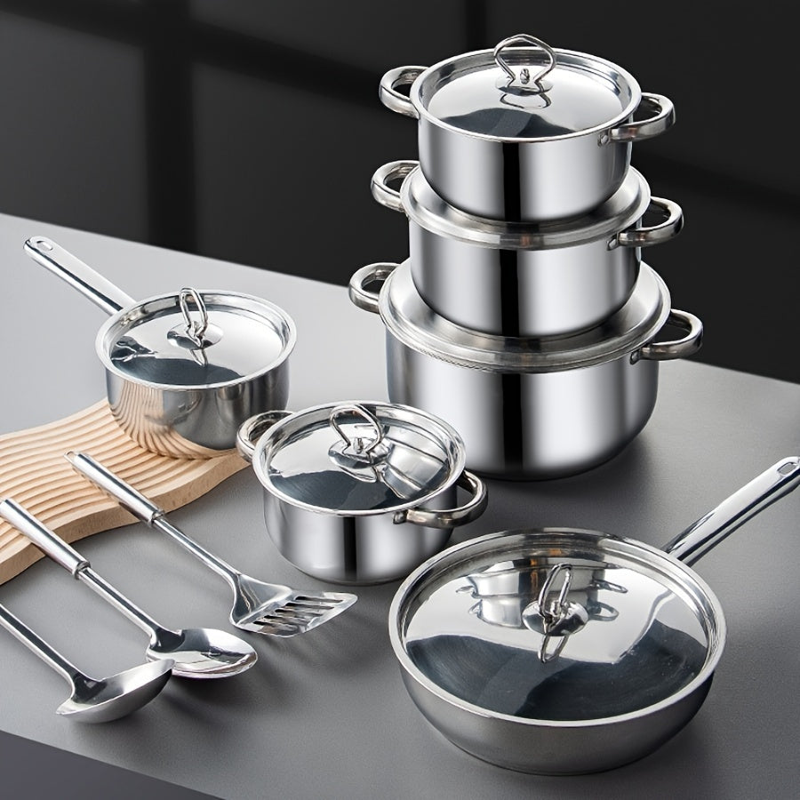 Complete Stainless Steel Cookware Set - 15 Pieces for Home and Restaurant Cooking, with Pots, Pans, and Utensils