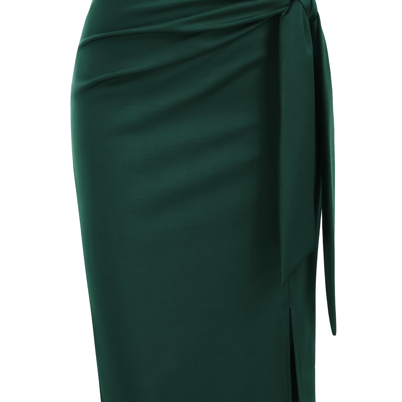 Chic high-waisted knee-length skirt with bow and slit for women.