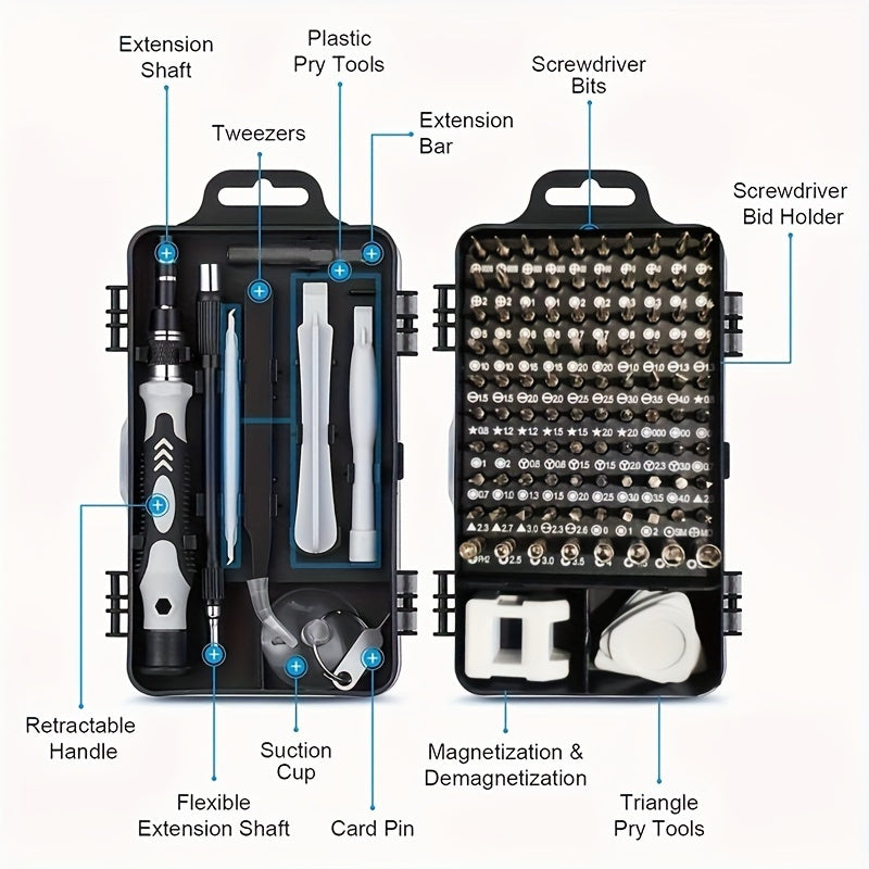 115 in 1 Precision Screwdriver Set for electronics and automotive maintenance with magnetic, non-slip handle.