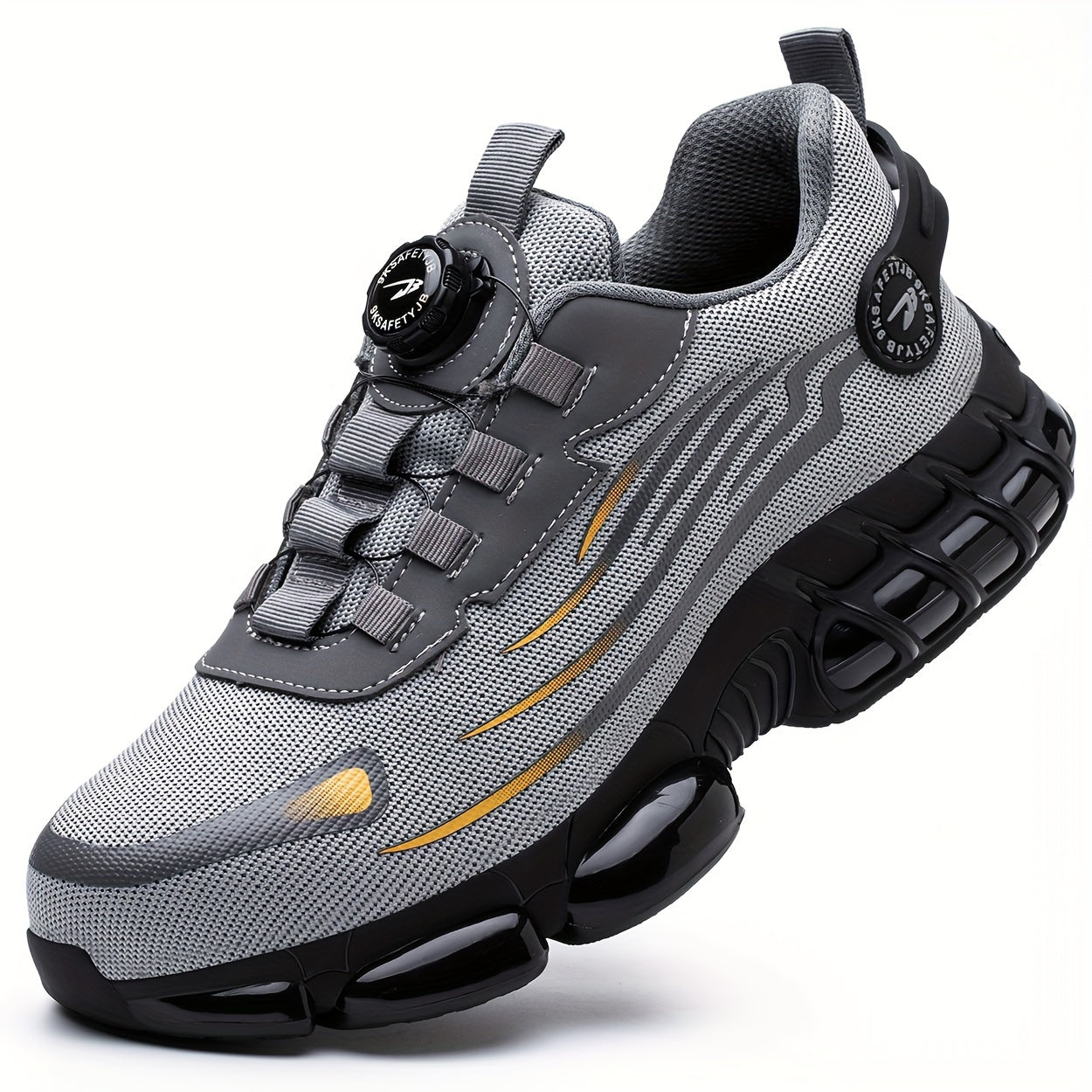 Breathable safety work shoes for men, with steel toe, puncture-resistant, non-slip, and durable features for industrial or casual wear in black and gray with reflective stripes.