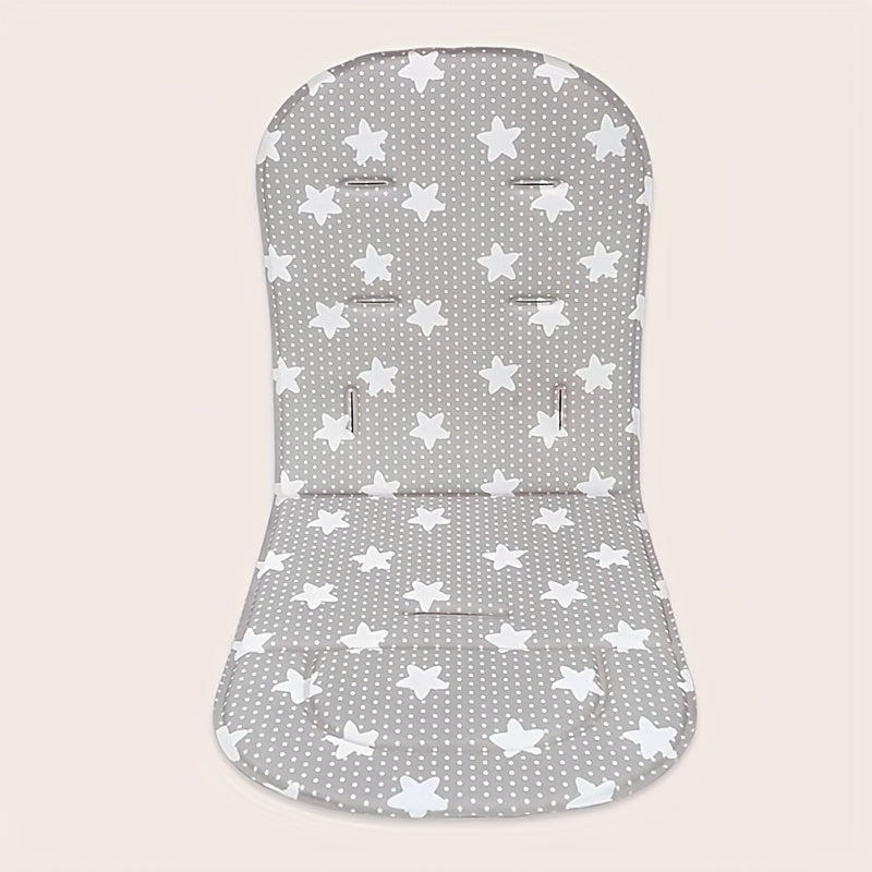 Breathable polyester stroller cushion for infants, fits most models. Supports toddlers aged 0-3 with comfort. Light grey with polka dot/star pattern.