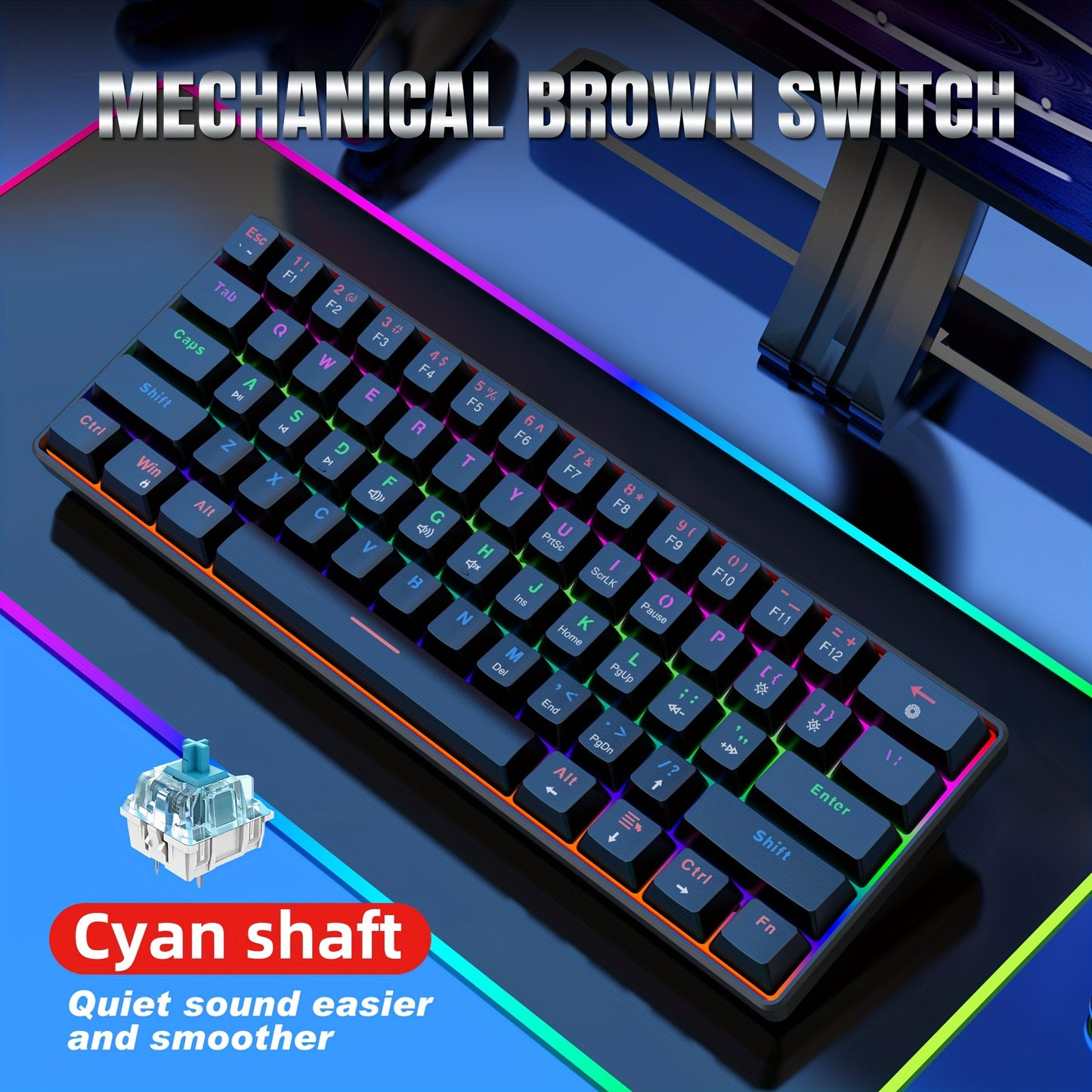 Snpurdiri 60% Mechanical Gaming Keyboard with LED Backlight, Blue and Red Switches, Portable Design