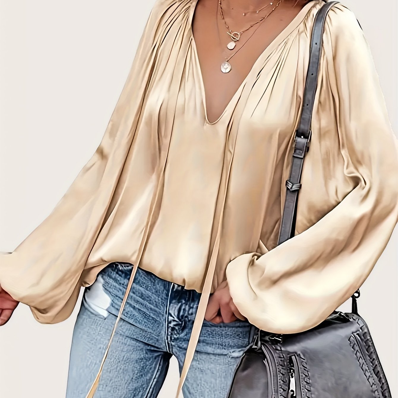 V-Neck Polyester Blouse with Tie Neck Detail - Draped Lantern Sleeves, Ruched Design, Loose Fit Casual Top for Women - Versatile All-Season Shirting