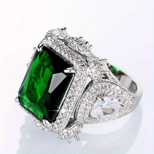 Beautiful Emerald Green Synthetic Crystal Ring with CZ Accents, Perfect for Engagement or Wedding for Women