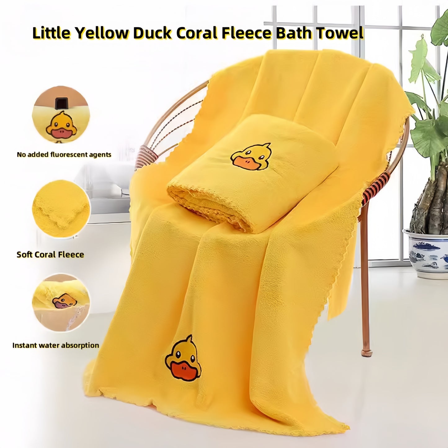 3-piece yellow duck design coral fleece towel set, absorbent and lint-free for bathroom, Halloween, and Christmas decorations.