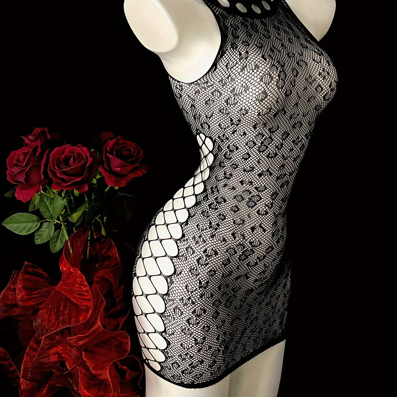 Fishnet bodycon dress with sheer design, ideal for music festivals