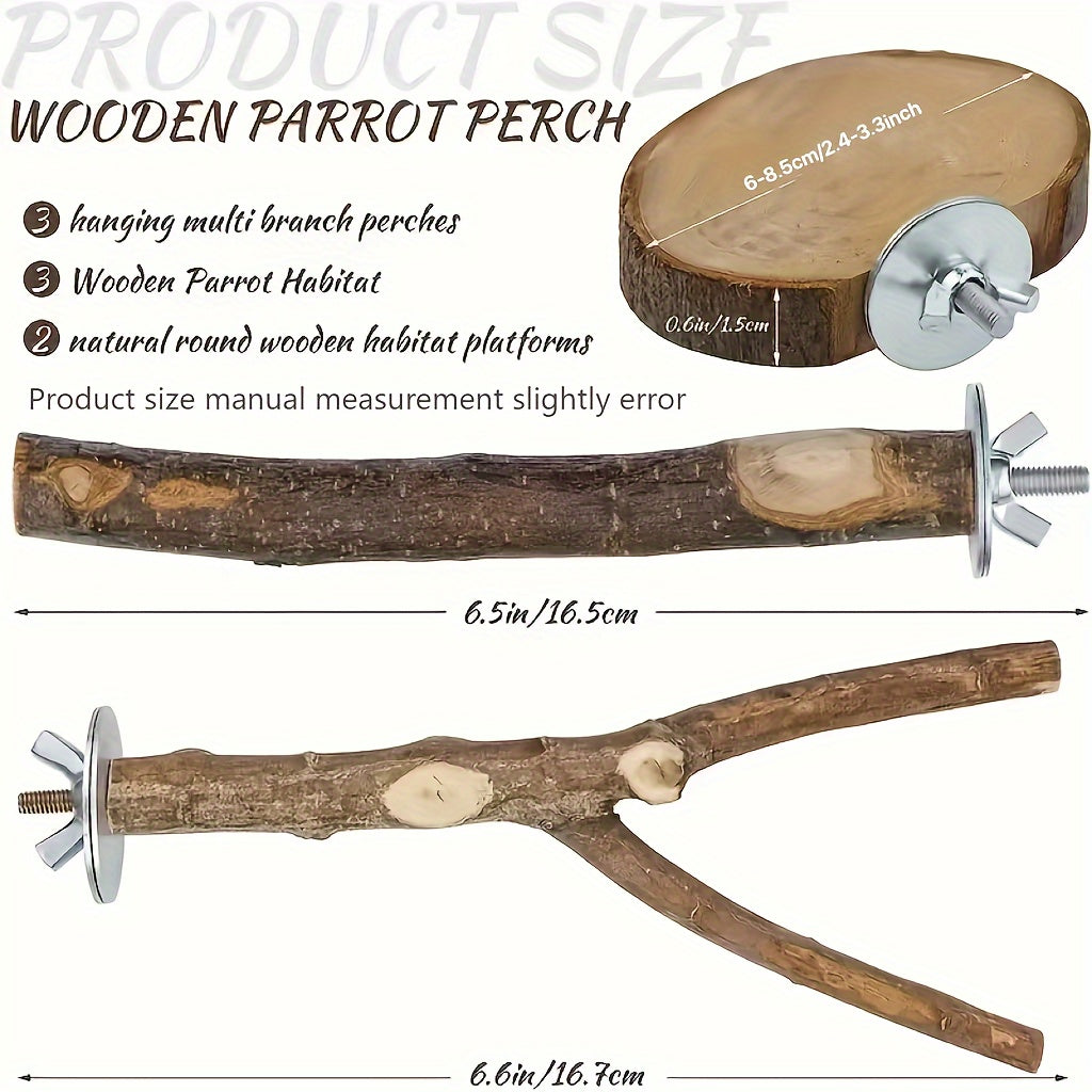 Set of 8 natural wood bird perch toys for various bird species.