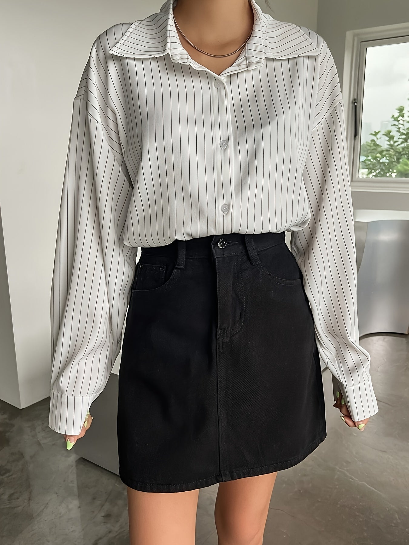 Women's Striped Drop-Shoulder Shirt - White & Black, Long Sleeve, Polyester, Machine Washable, Casual Wear for Spring/Summer/Fall