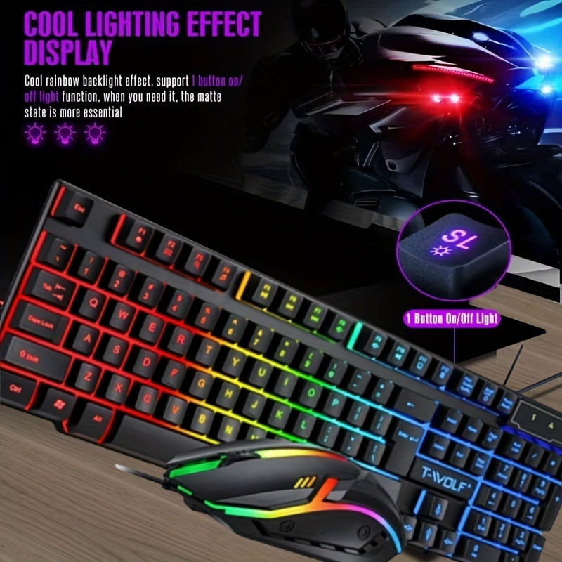 New TF200 gaming keyboard and mouse set with ergonomic design, optical movement detection, cool light effect, mechanical touch suspended key cap, wired, and quick function keys for personal