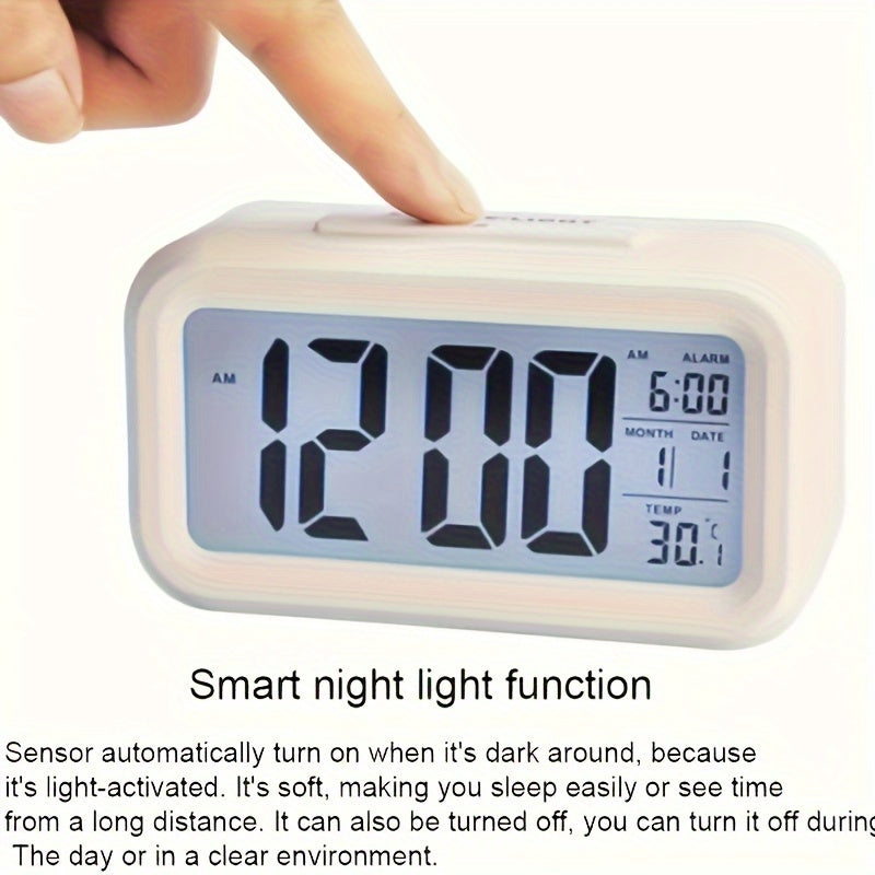 Smart LCD Display Digital Alarm Clock with Indoor Temperature, Date, and Light Sensor - Features Backlight and Night Light, Ideal for Home and Bedroom Use. Battery Operated Desk Clock suitable for Ages 14 and Up.