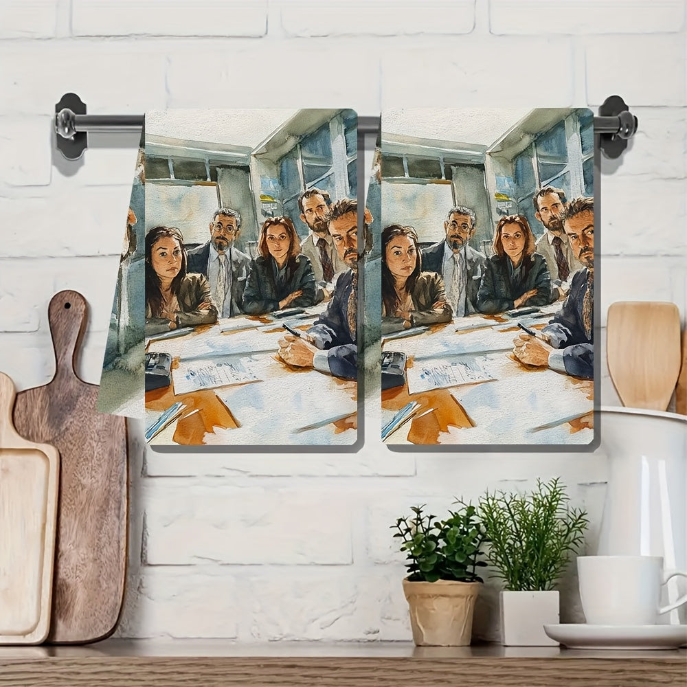 Two ultra soft kitchen towels featuring the "The Faces of the Office" design. These highly absorbent and machine washable dish hand towels are designed in a contemporary watercolor style, measuring 40.64x60.96 cm. Perfect for both home and office decor.