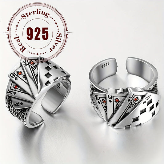 Vintage Hip-Hop Style Unisex 925 Sterling Silver Poker Ring, Open Band, 9g, Ideal for Daily Wear and Parties, Women's Fashion Jewelry Accessory