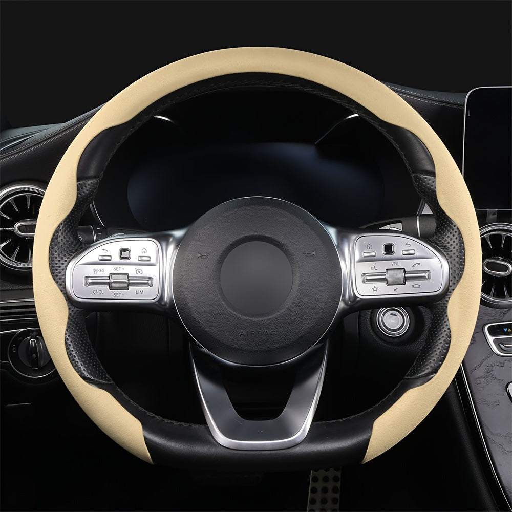 Non-slip, universal steering wheel cover with sweat-absorbing buckle for cars.