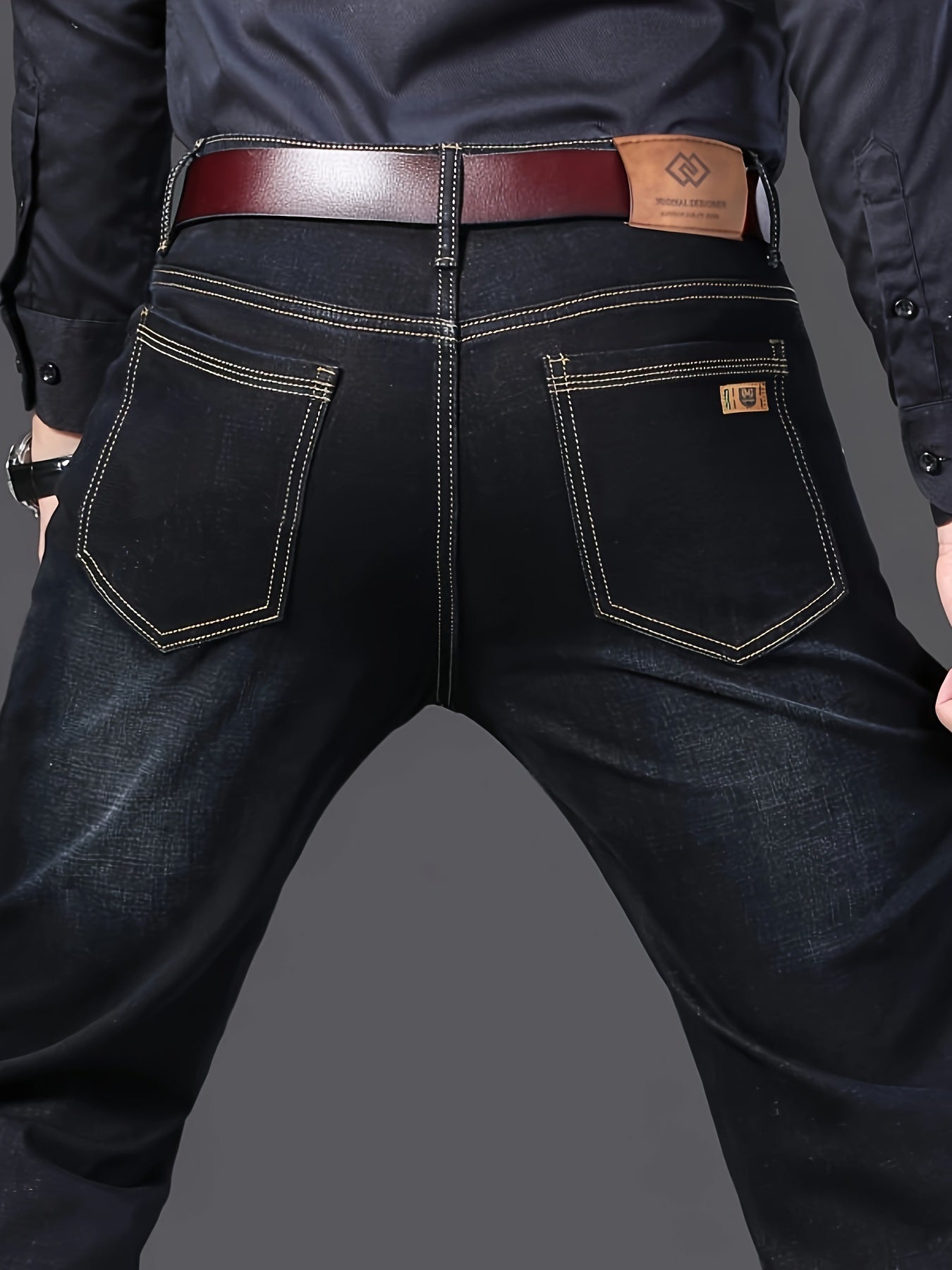 Men's solid denim jeans with a light business style, slightly stretch straight leg pants for outdoor casual daily wear.