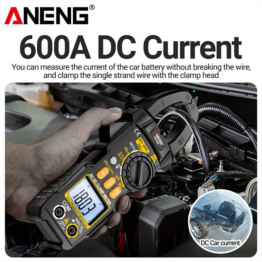 ANENG PN108 Clamp Meter with 6000 counts for measuring AC/DC voltage, 600A current, resistance, capacitance, and high precision testing.