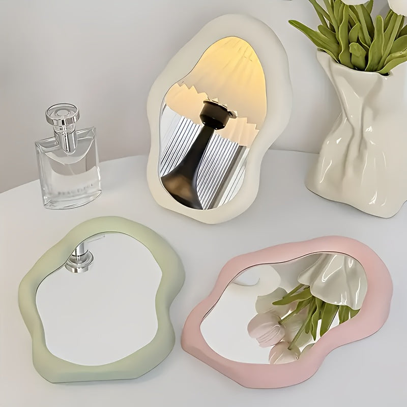 Portable cloud-shaped folding makeup mirror with floral theme, polished glass surface, plastic frame, dresser mount, no electricity needed for home, dorm, and travel.