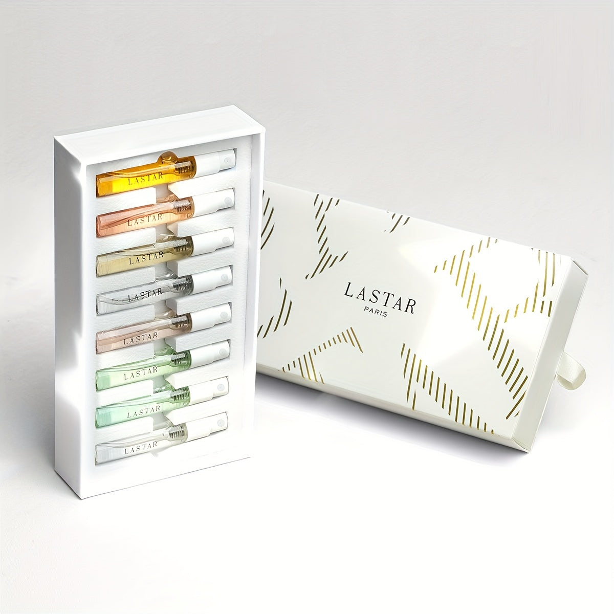 LASTAR 8pcs Perfume Gift Set with Gardenia, Jasmine, Citrus, Cedar & Vanilla scents. Fresh and long-lasting fragrance with floral & fruity notes. Elegant packaging, suitable for men and