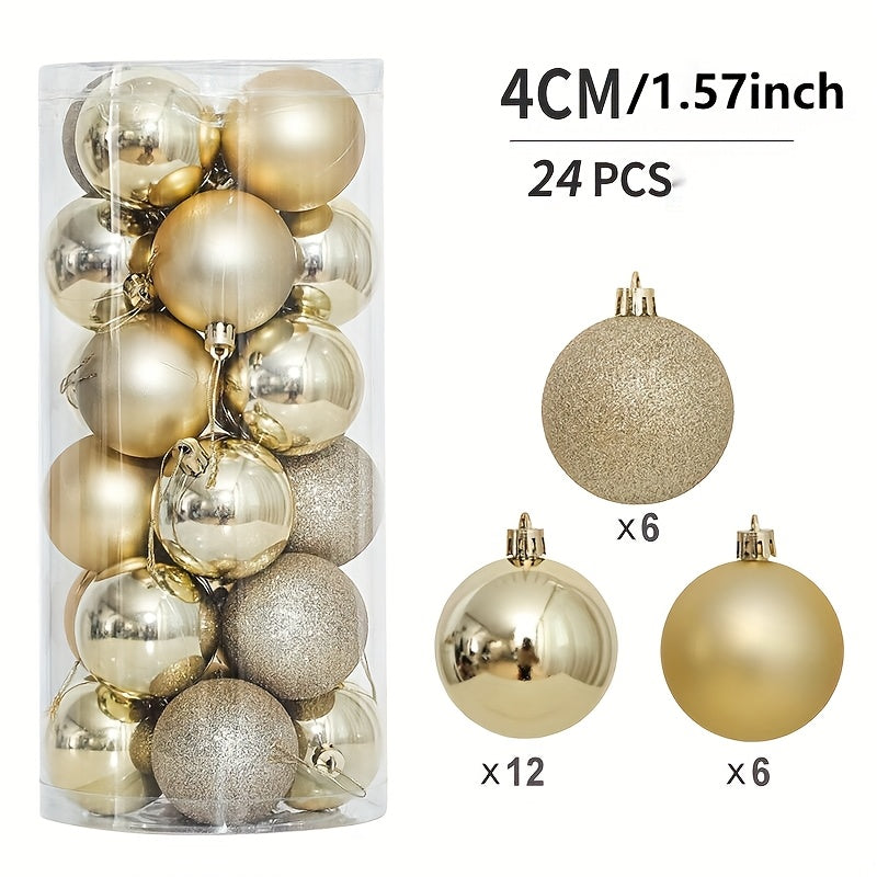 24 shatterproof Christmas tree ornaments in various sizes for festive decorations.