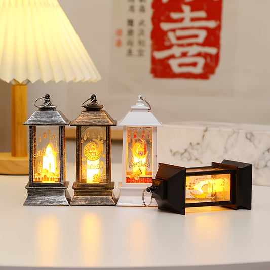 Rustic LED lantern for home decor and festive celebrations, battery operated with included button battery, perfect for Eid al-Fitr and holiday ambiance. Traditional style lantern made of